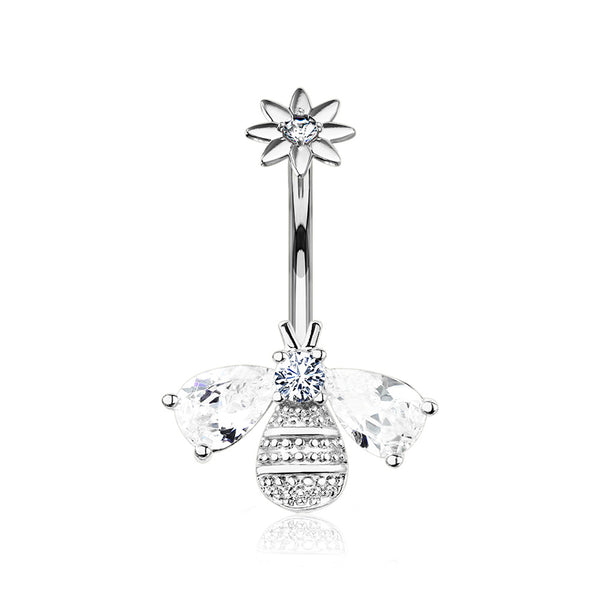 Flower Sparkle Honey Bee Internally Threaded Belly Button Ring-Clear