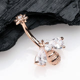 Rose Gold Flower Sparkle Honey Bee Internally Threaded Belly Button Ring-Clear