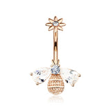 Rose Gold Flower Sparkle Honey Bee Internally Threaded Belly Button Ring-Clear