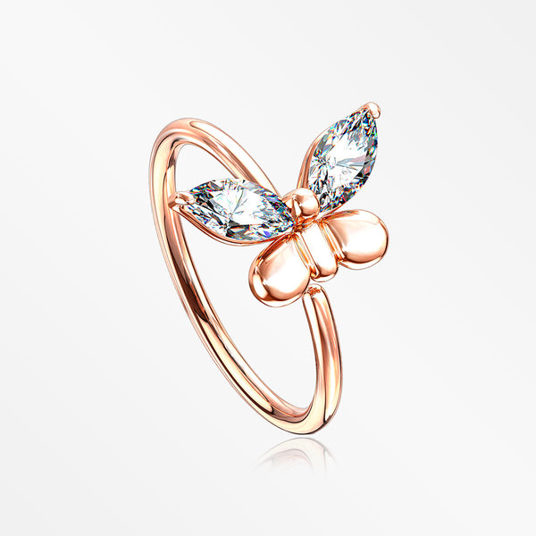 Rose Gold Butterfly Marquise Sparkle Bendable Hoop Ring-Clear