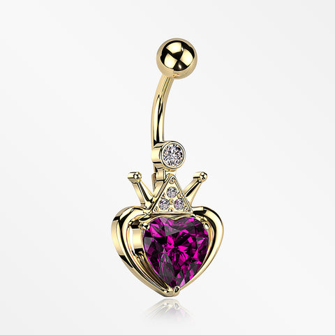 Golden Majestic Queen's Crown Heart Sparkle Belly Button Ring-Fuchsia