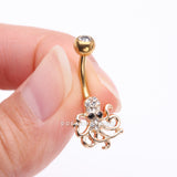 Detail View 3 of Golden Evil Octopus Sparkle Belly Button Ring-Clear Gem
