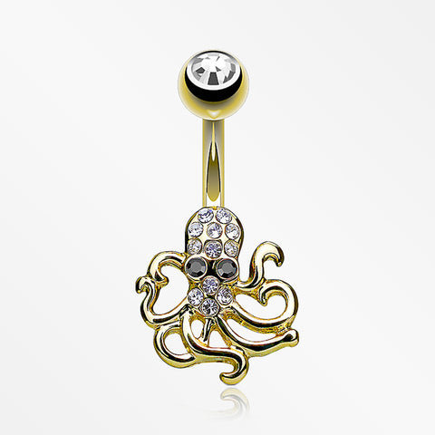 Golden Evil Octopus Sparkle Belly Button Ring-Clear Gem