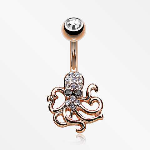 Rose Gold Evil Octopus Sparkle Belly Button Ring-Clear Gem