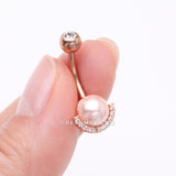 Detail View 3 of Rose Gold Pearlescent Sparkle Crescent Rim Belly Button Ring-Pink