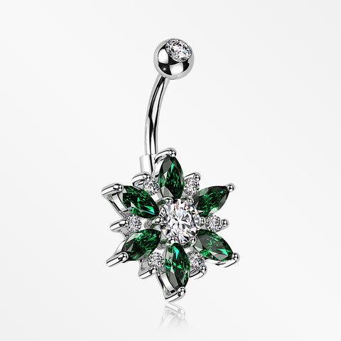 Brilliant Marquise Petal Flower Sparkle Belly Button Ring-Clear Gem/Emerald