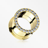 A Pair of Golden Multi-Gem Rimmed Sparkle Smooth Flared Screw-Fit Tunnel Plug-Clear Gem