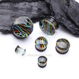 Detail View 2 of A Pair of Vibrant Rainbow Swirl Line Glass Double Flared Ear Gauge Plug