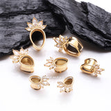 Detail View 2 of A Pair of Golden Royal Marquise Floral Sparkle Teardrop Double Flared Tunnel Plug-Clear Gem
