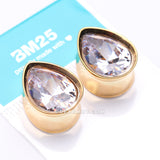 Detail View 3 of A Pair of Golden Brilliant Gem Sparkle Teardrop Double Flared Plug-Clear Gem