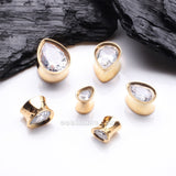 Detail View 2 of A Pair of Golden Brilliant Gem Sparkle Teardrop Double Flared Plug-Clear Gem