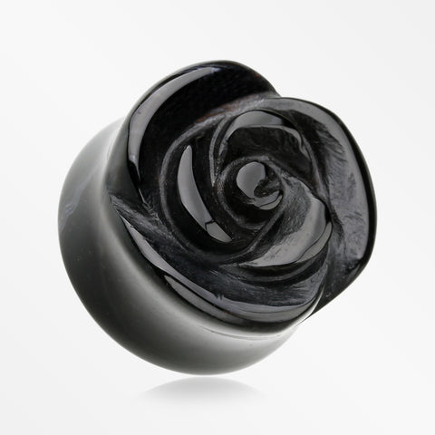 A Pair of Rose Blossom Black Agate Stone Double Flared Plug