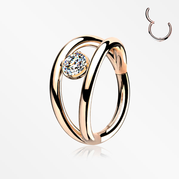 Rose Gold Double Hoop Sparkle Seamless Clicker Hoop Ring-Clear Gem