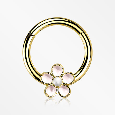 Golden Adorable Pearlescent Flower Clicker Hoop Ring