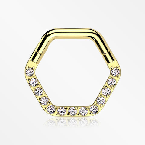 Golden Brilliant Sparkle Multi-Gem Hexagon Clicker Hoop Ring-Clear Gem