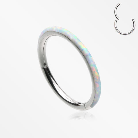 Brilliant Fire Opal Lined Seamless Clicker Hoop Ring-White Opal