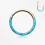 Golden Brilliant Fire Opal Lined Front Facing Seamless Clicker Hoop Ring-Blue Opal