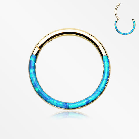 Golden Brilliant Fire Opal Lined Front Facing Seamless Clicker Hoop Ring-Blue Opal
