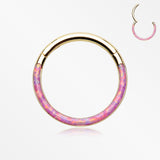 Golden Brilliant Fire Opal Lined Front Facing Seamless Clicker Hoop Ring-Pink Opal