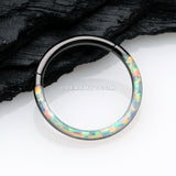 Blackline Brilliant Fire Opal Lined Front Facing Seamless Clicker Hoop Ring-White Opal