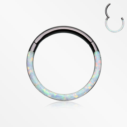 Blackline Brilliant Fire Opal Lined Front Facing Seamless Clicker Hoop Ring-White Opal