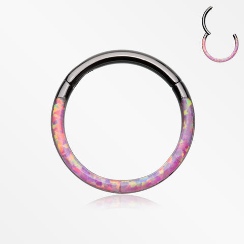 Blackline Brilliant Fire Opal Lined Front Facing Seamless Clicker Hoop Ring-Pink Opal
