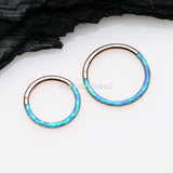 Rose Gold Brilliant Fire Opal Lined Front Facing Seamless Clicker Hoop Ring-Blue Opal