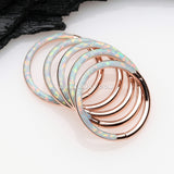 Rose Gold Brilliant Fire Opal Lined Front Facing Seamless Clicker Hoop Ring-White Opal