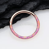 Rose Gold Brilliant Fire Opal Lined Front Facing Seamless Clicker Hoop Ring-Pink Opal