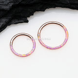 Rose Gold Brilliant Fire Opal Lined Front Facing Seamless Clicker Hoop Ring-Pink Opal
