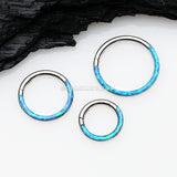 Brilliant Fire Opal Lined Front Facing Seamless Clicker Hoop Ring-Blue Opal