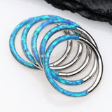 Brilliant Fire Opal Lined Front Facing Seamless Clicker Hoop Ring-Blue Opal