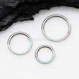 Brilliant Fire Opal Lined Front Facing Seamless Clicker Hoop Ring-White Opal