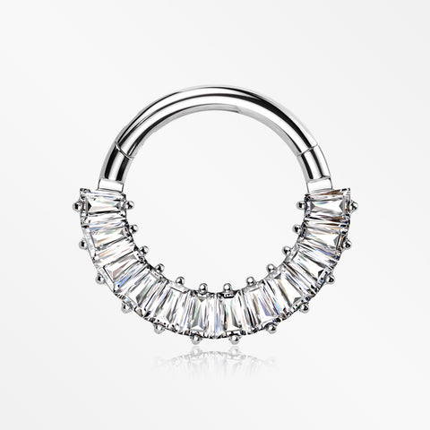 Implant Grade Titanium Pave Baguette Sparkle Clicker Hoop Ring-Clear Gem
