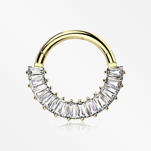 Implant Grade Titanium Golden Pave Baguette Sparkle Clicker Hoop Ring-Clear Gem