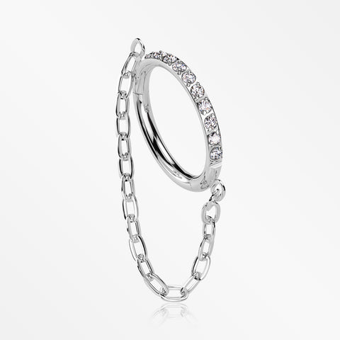 Implant Grade Titanium Brilliant Sparkle Rim Chained Clicker Hoop Ring-Clear Gem