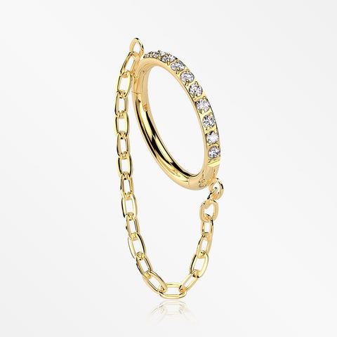 Implant Grade Titanium Golden Brilliant Sparkle Rim Chained Clicker Hoop Ring-Clear Gem