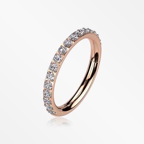 Implant Grade Titanium Rose Gold Brilliant Sparkle Gems Lined Clicker Hoop Ring-Clear Gem