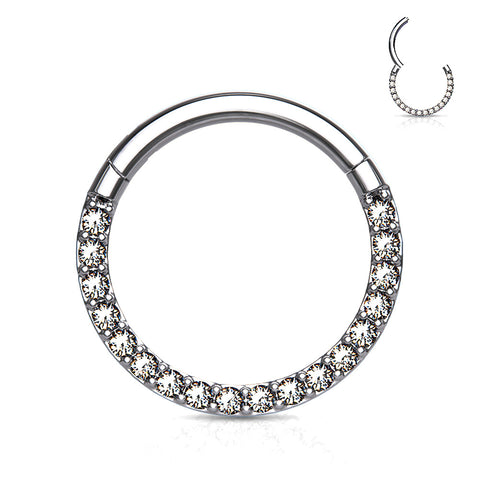 Implant Grade Titanium Brilliant Sparkle Gems Front Lined Clicker Hoop Ring-Clear Gem