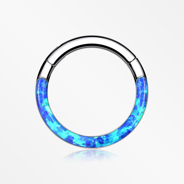 Implant Grade Titanium Brilliant Fire Opal Lined Front Facing Seamless Clicker Hoop Ring-Blue Opal