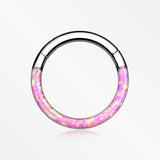 Implant Grade Titanium Brilliant Fire Opal Lined Front Facing Seamless Clicker Hoop Ring-Pink Opal