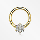 Implant Grade Titanium Golden Brilliant Flower Sparkle Clicker Hoop Ring-Clear Gem
