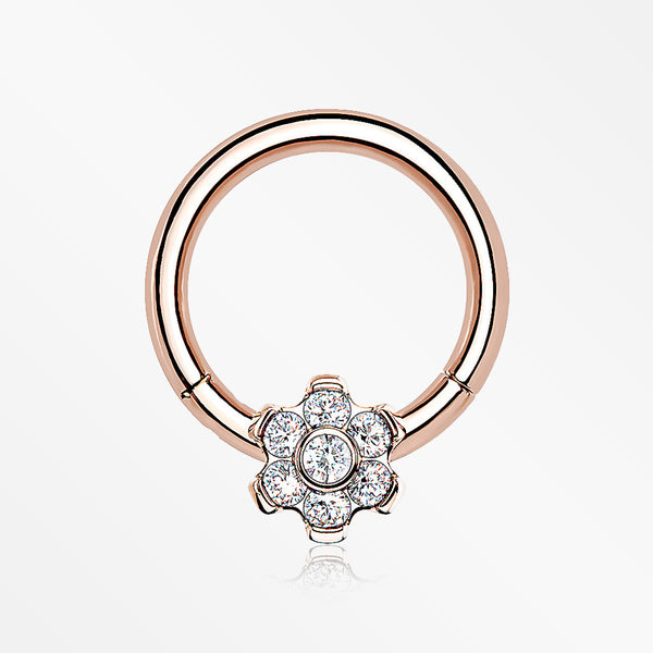 Implant Grade Titanium Rose Gold Brilliant Flower Sparkle Clicker Hoop Ring-Clear Gem
