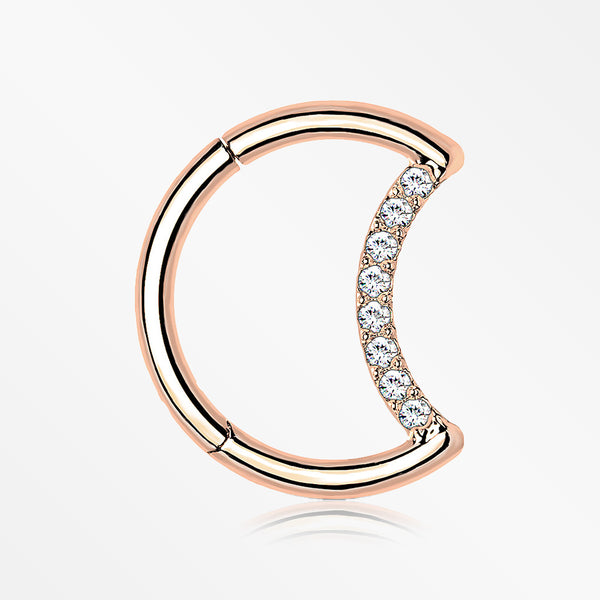 Implant Grade Titanium Rose Gold Crescent Moon Sparkle Clicker Hoop Ring-Clear Gem