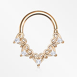 Rose Gold Royal Heart Filigree Sparkle Bendable Hoop Ring-Clear Gem