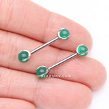 Detail View 2 of A Pair of Implant Grade Titanium Green Jade Stone Ball Claw Prong Internally Threaded Nipple Barbell