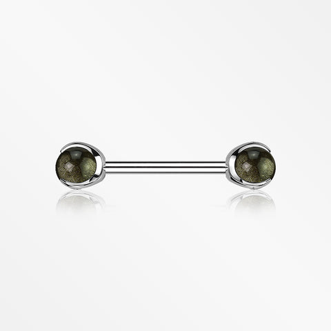 A Pair of Implant Grade Titanium Obsidian Stone Ball Claw Prong Internally Threaded Nipple Barbell