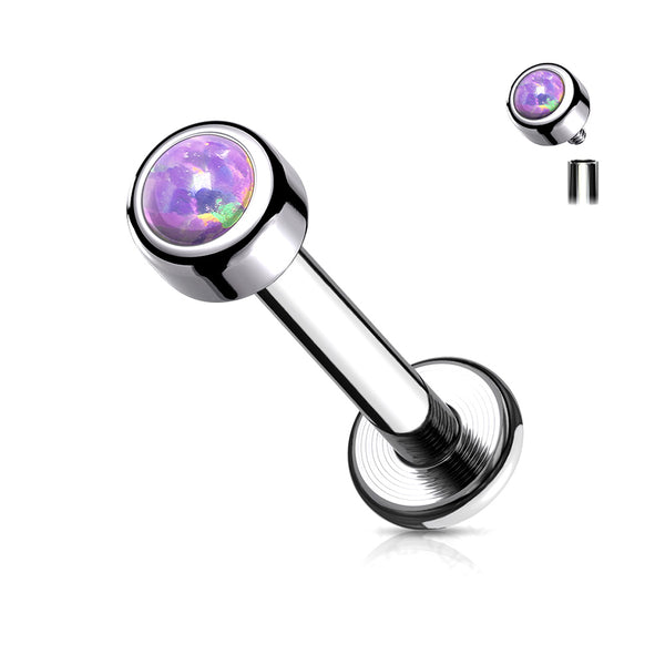 Implant Grade Titanium Internally Threaded Bezel Set Gem Ball Top Labret-Purple Opal