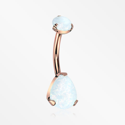 Implant Grade Titanium Rose Gold Internally Threaded Teardrop Opal Prong Belly Button Ring-White Opal