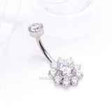 Detail View 2 of Implant Grade Titanium Brilliant Sparkle Flower Internally Threaded Belly Ring-Clear Gem
